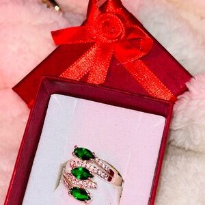 Green and Silver Emerald Ring with Accent Stones